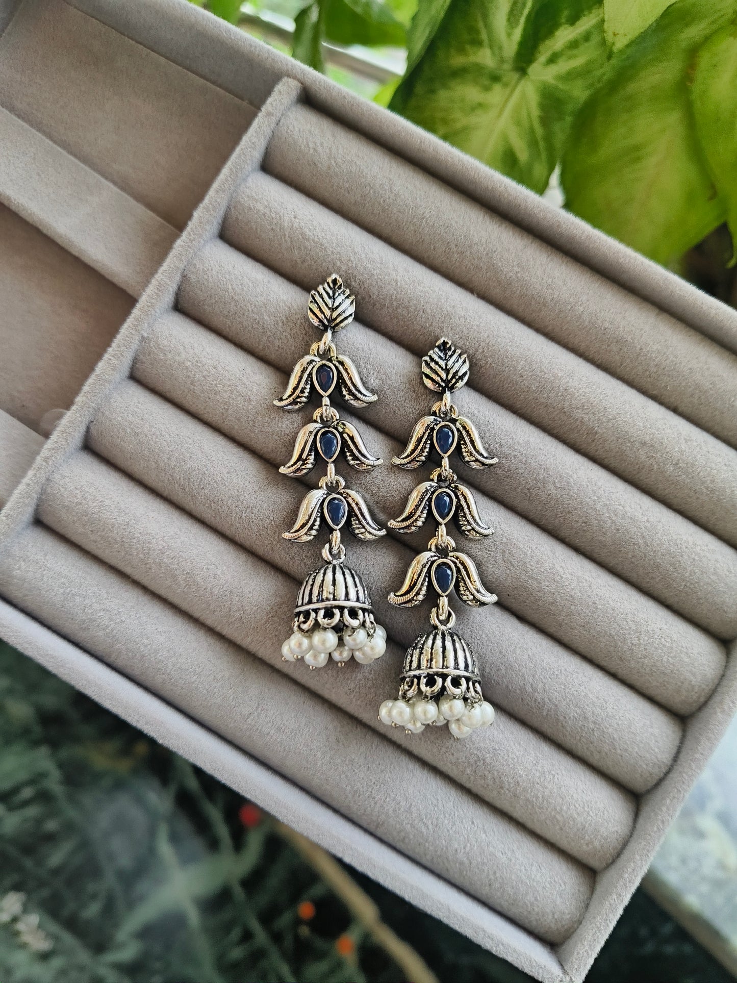 Pearl Drop Blue Jhumki Earrings