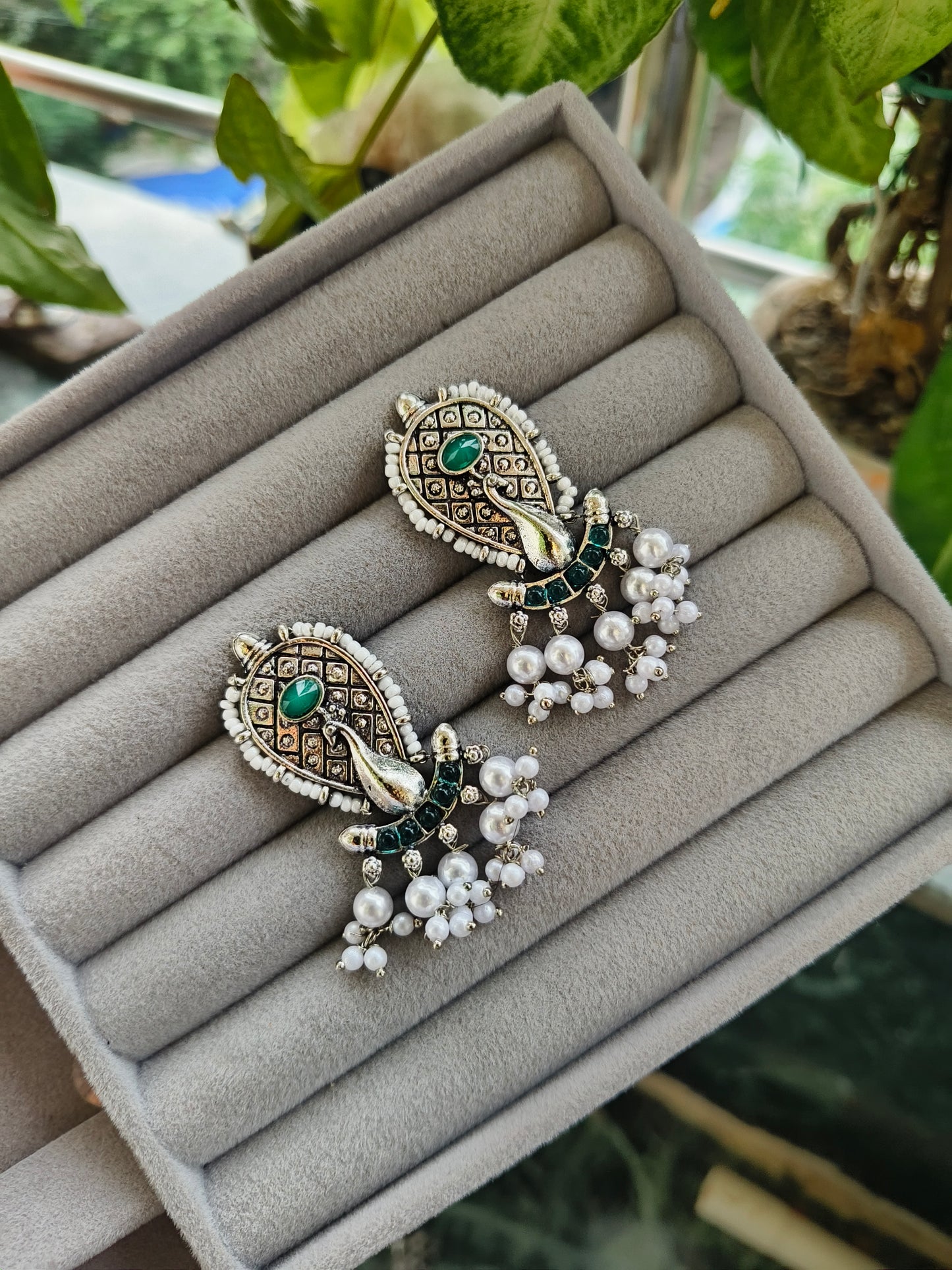 Noor Pearl Green  Peacock Earrings