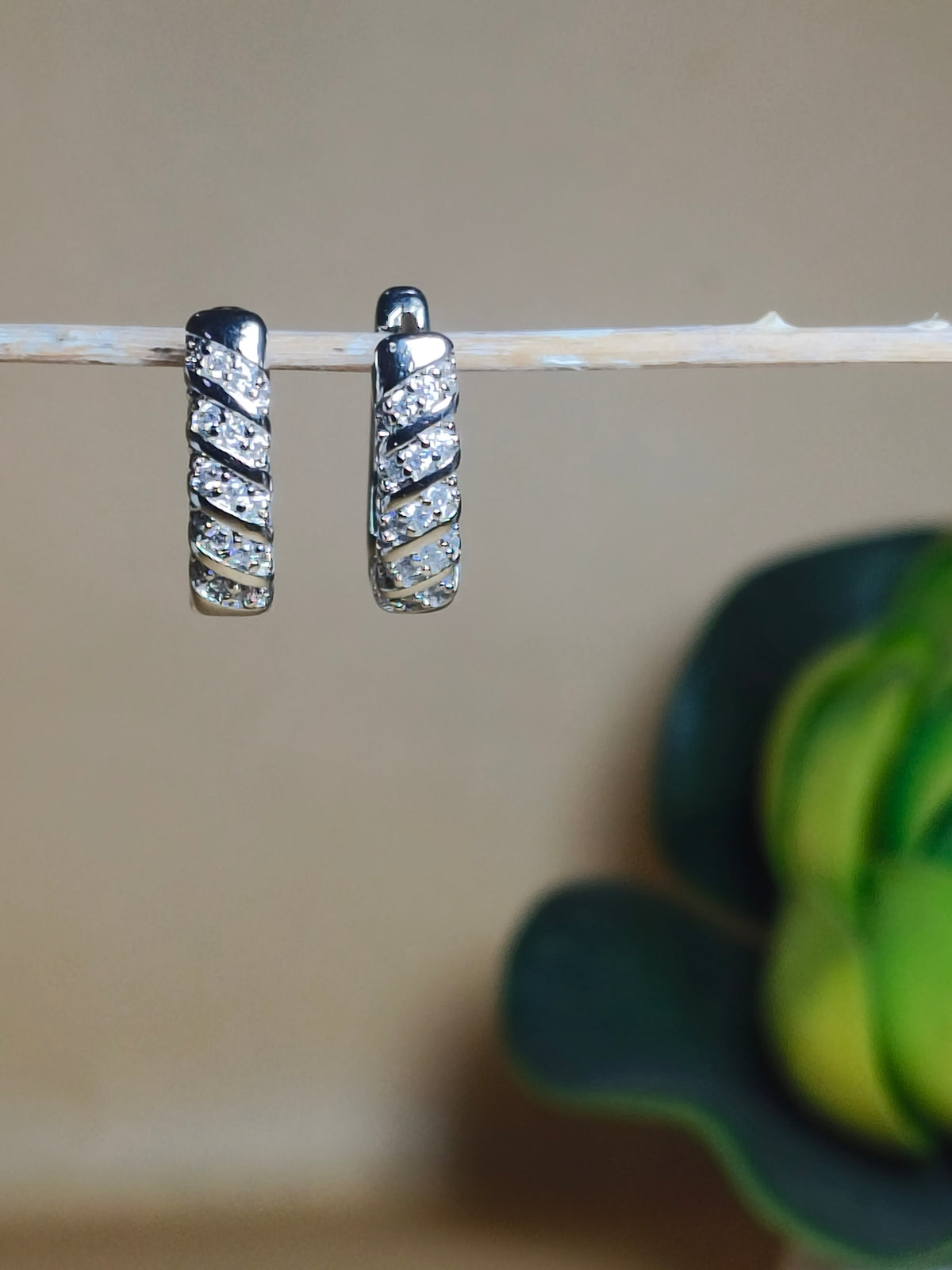 Silver CZ Twisted Bar Hoop Earrings