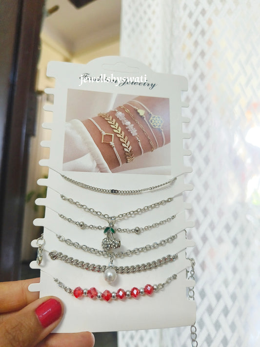 Set of 6 Bracelates|red &silver
